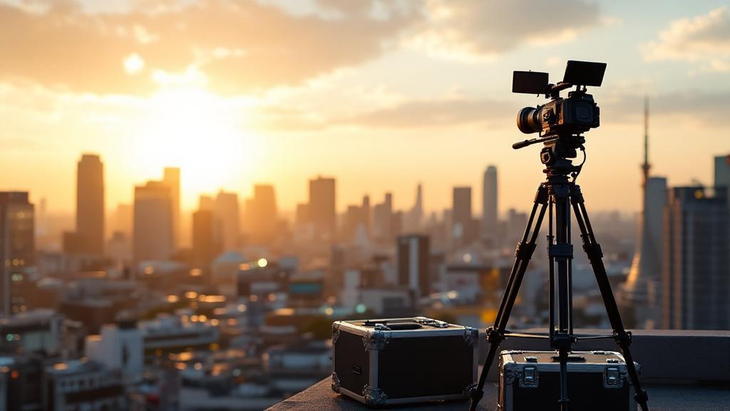 Professional film equipment on a Tokyo rooftop overlooking the city skyline at golden hour