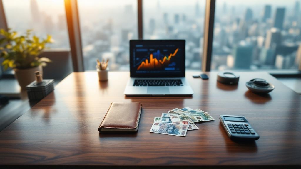 Overhead view of a Tokyo office desk with Japanese yen, notebook, and calculator in morning light