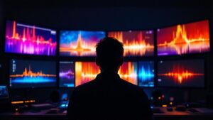 Silhouette of a video editor working in a professional post-production studio with multiple monitors in Tokyo