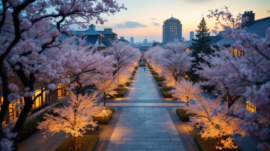 Aerial view of a Japanese university campus at twilight with illuminated academic buildings