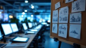 Tokyo animation studio with drawing tablets and monitors glowing at night, storyboard sheets in foreground