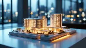 Illuminated architectural scale model of a Japanese condominium complex on a presentation table with city skyline in background