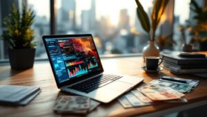 Overhead view of a Tokyo office desk with laptop displaying abstract charts beside Japanese yen bills
