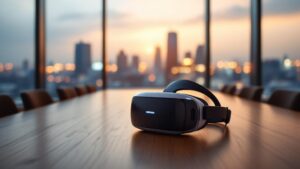 VR headset on a wooden conference table with Tokyo skyline at golden hour