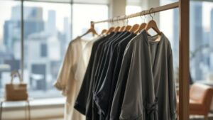 Japanese fashion garments on wooden racks in a sunlit Tokyo showroom with city views