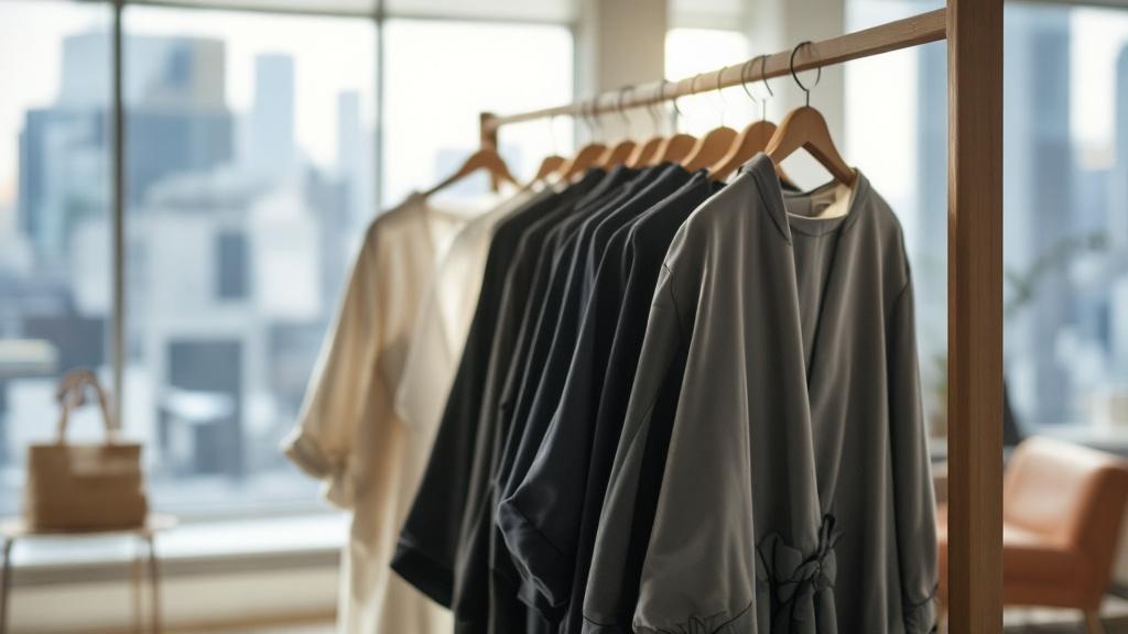 Japanese fashion garments on wooden racks in a sunlit Tokyo showroom with city views