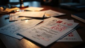 Japanese regulatory documents with official stamps and seals on a wooden desk