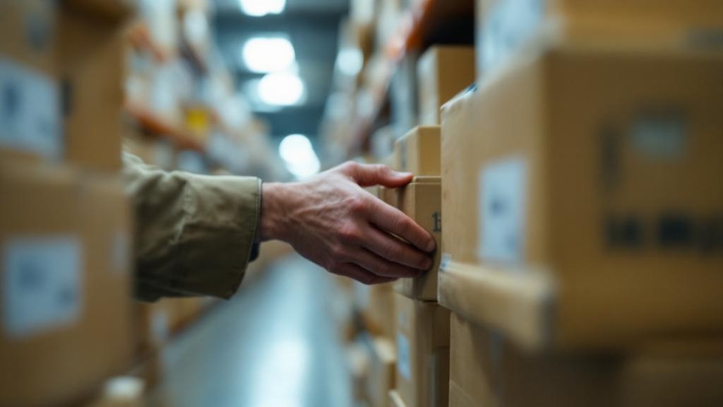 Hands inspecting shipping boxes in a Japanese wholesale distribution warehouse