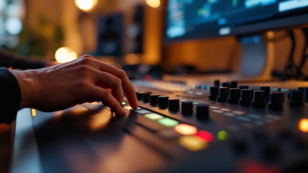 Close-up of hands operating a professional color grading control panel in a studio