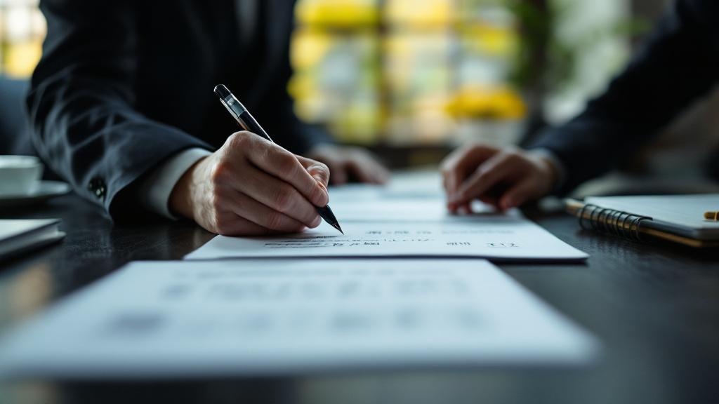 Hands signing a bilingual memorandum on a wooden desk with shoji screen in background
