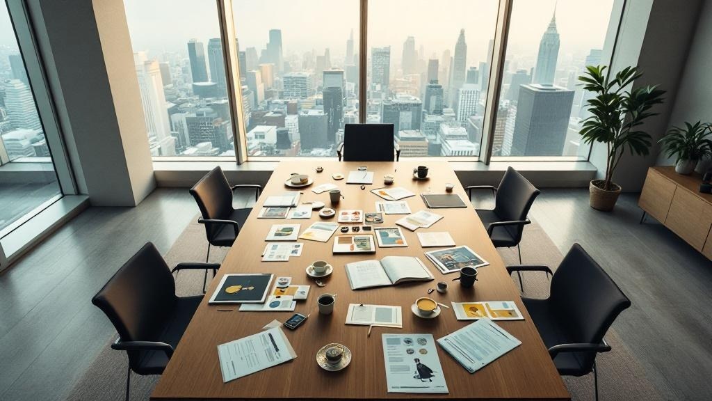Overhead view of a conference table with animation production documents and cel prints in a Tokyo office