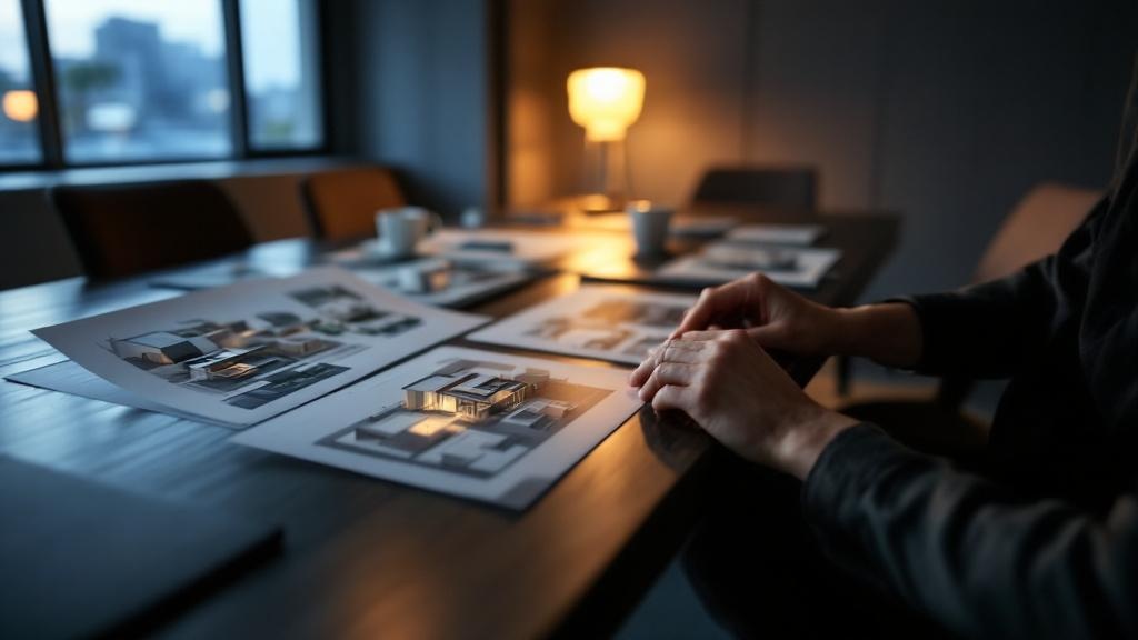 Hands reviewing multiple printed architectural 3D renderings on a dark conference table in a Japanese office