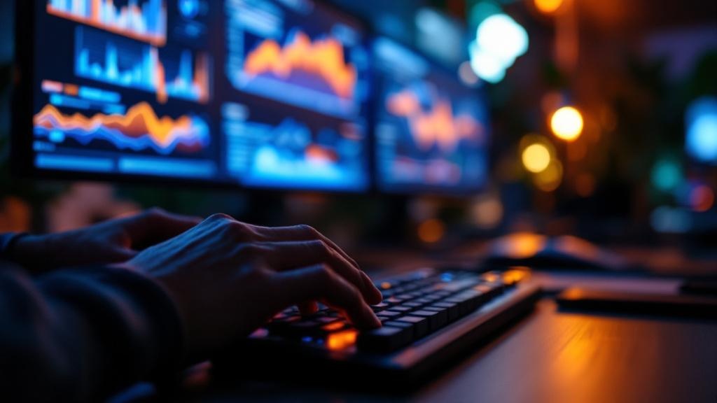 Hands on a keyboard in a Tokyo agency with blurred analytics screens in the background