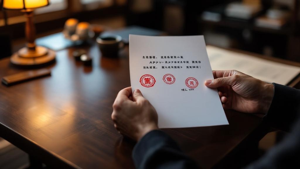 Hands holding a Japanese approval document with red hanko stamps on a wooden desk