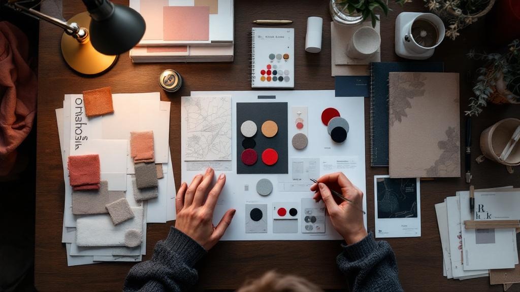 Hands arranging fabric swatches and lookbook materials on a dark wooden desk under warm lamp light
