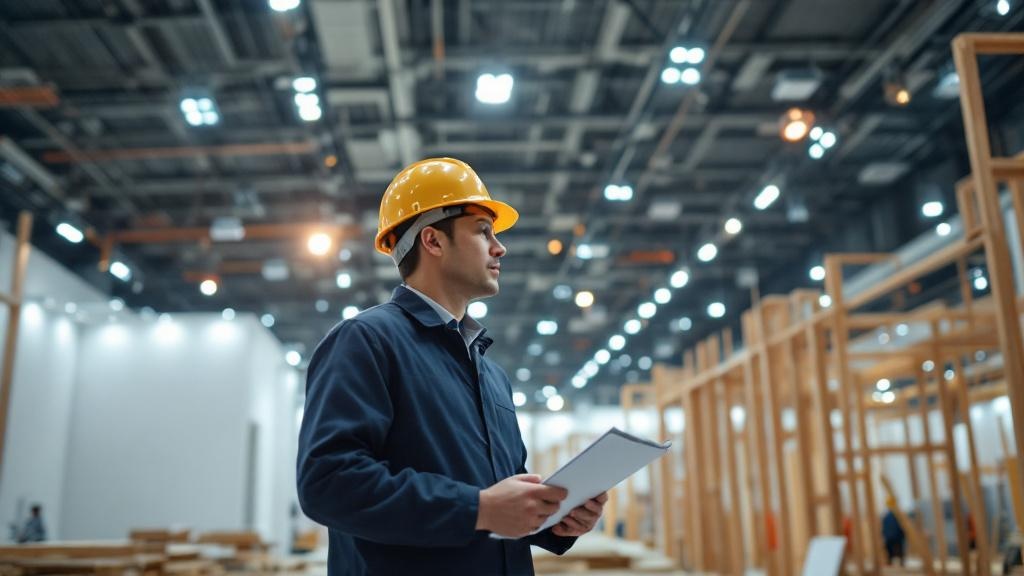 Over-shoulder view of a fire safety inspector reviewing booth construction in a Japanese exhibition hall