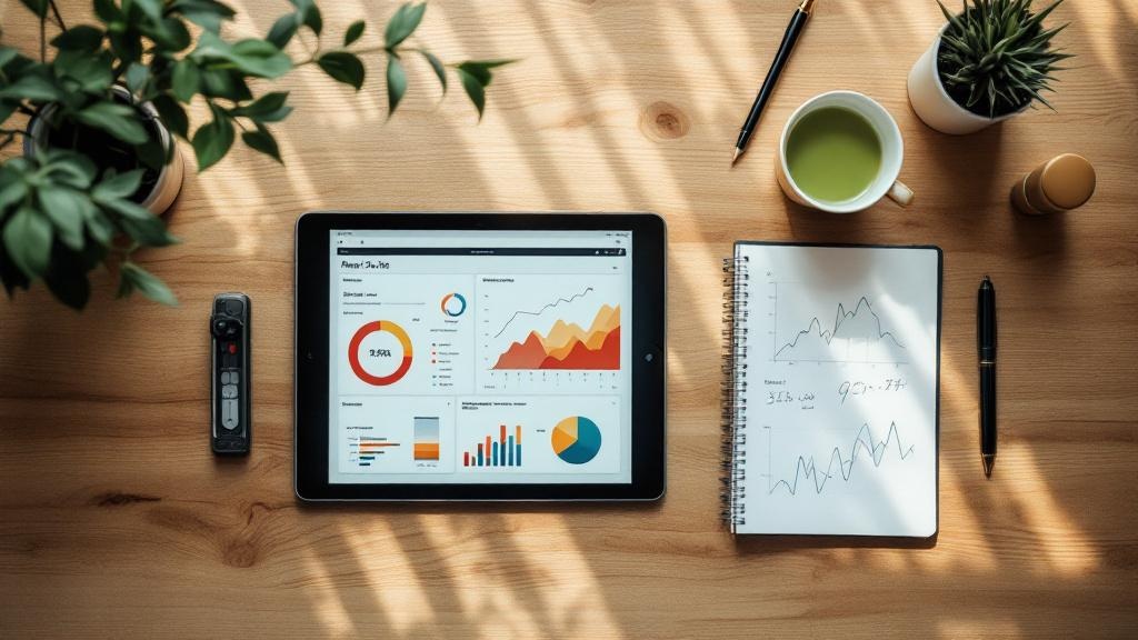 Video production ROI analytics — Overhead view of tablet with abstract analytics charts and notebook on Japanese wooden desk