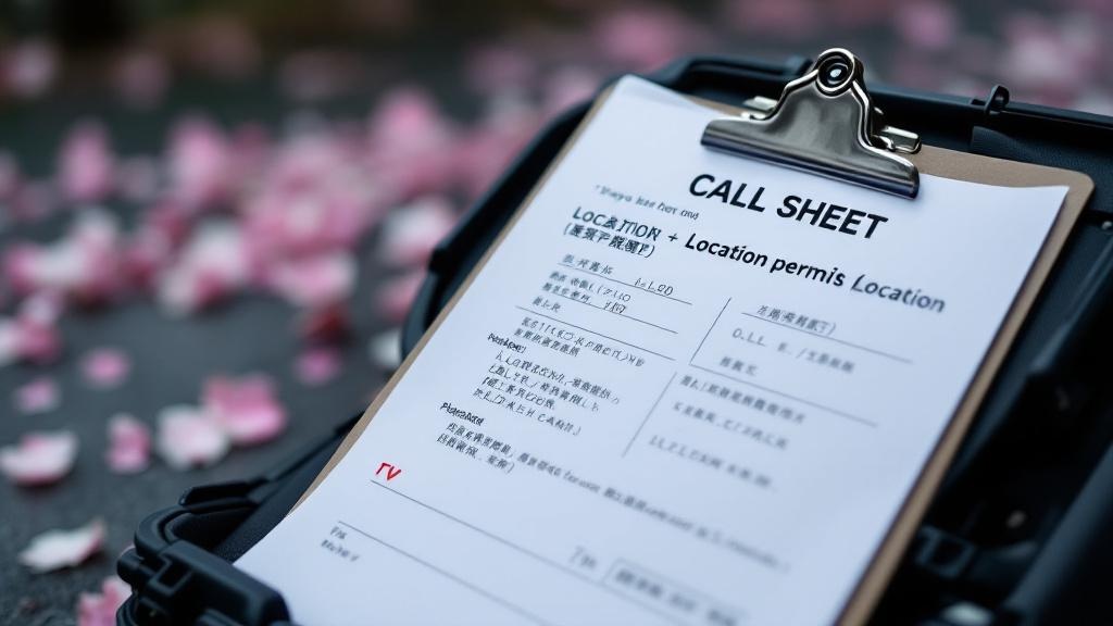 Bilingual production documents and location permits on a clipboard at a Tokyo shooting location