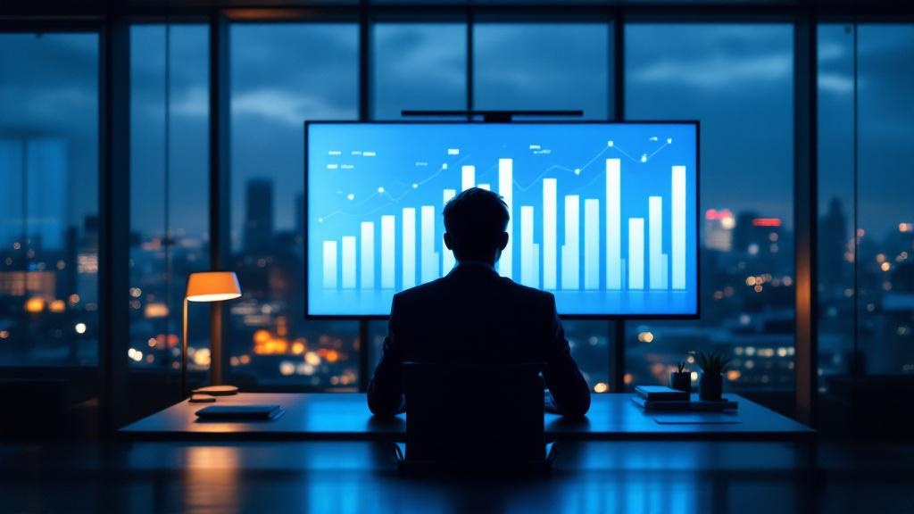 Silhouette of a professional reviewing abstract growth charts in a dim Tokyo boardroom at twilight