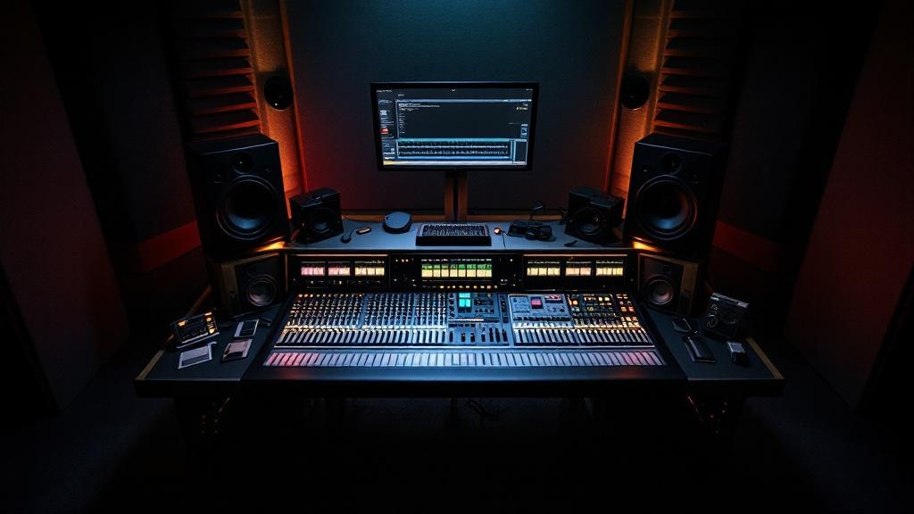 Overhead view of a professional audio mixing console in a sound post-production studio