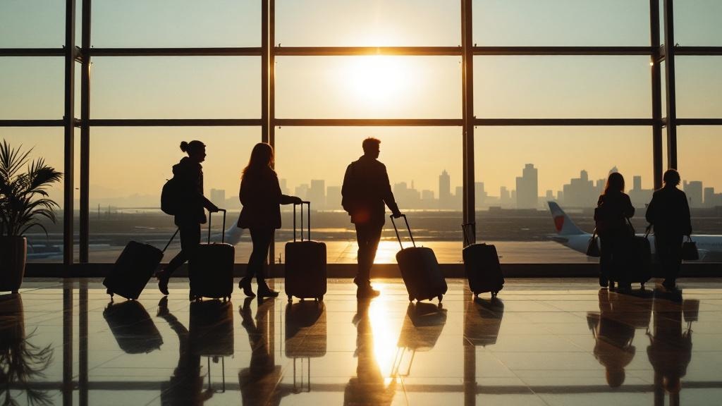 Silhouettes of international students with luggage arriving at a Tokyo airport terminal in morning light