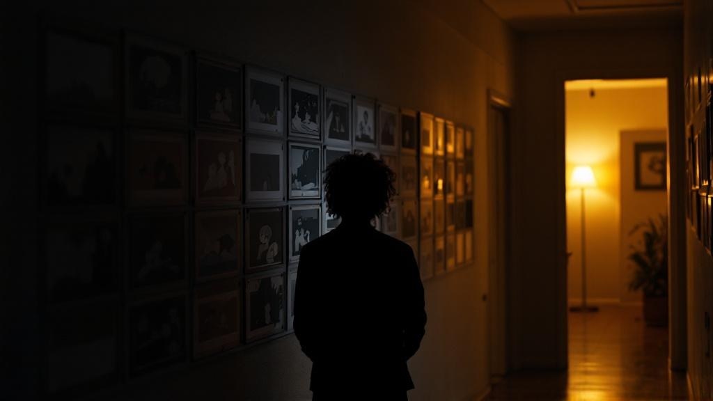 Silhouette reviewing wall of anime storyboard frames in a dimly lit studio hallway