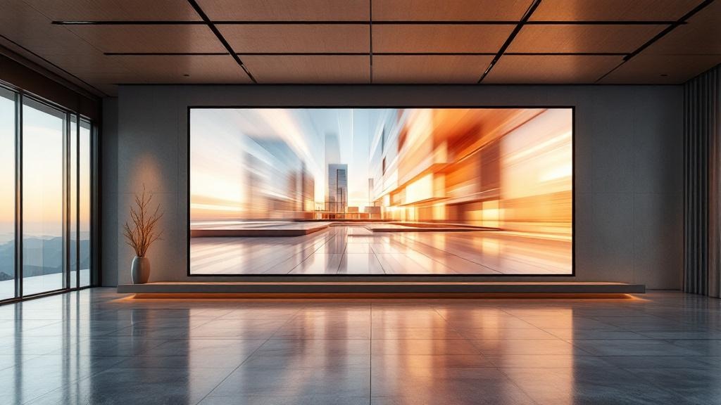 Modern Japanese real estate showroom with large screen displaying blurred architectural visualization flythrough at golden hour