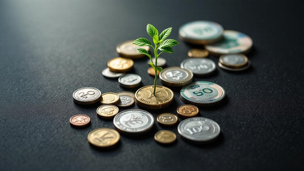 Japanese yen currency with a green plant shoot growing through coins on a dark surface