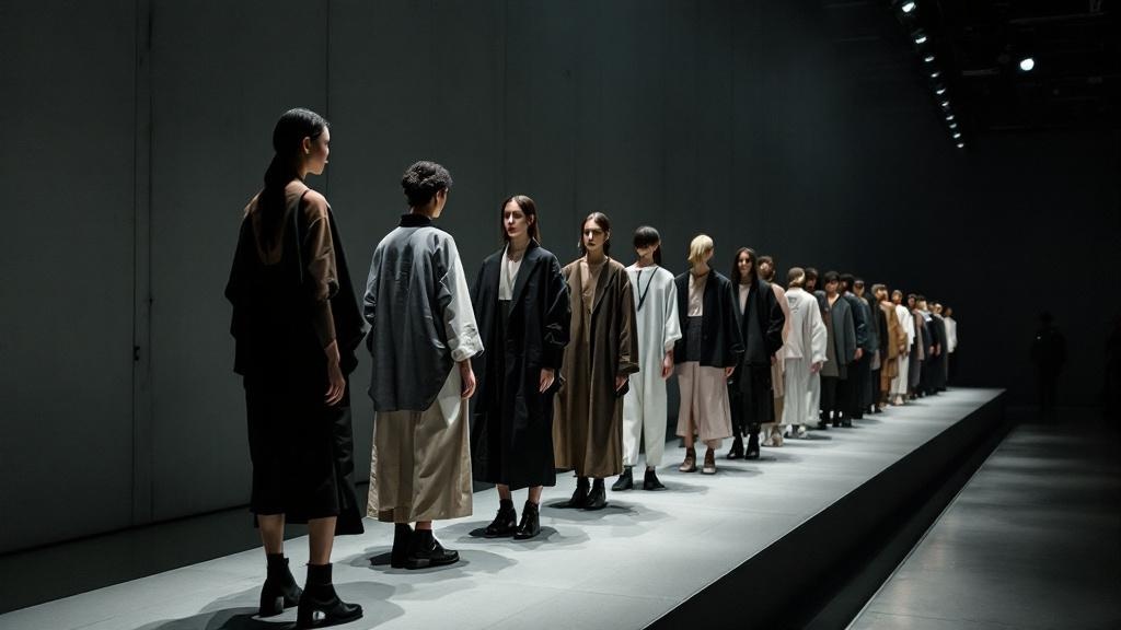 Contemporary Japanese garments displayed under dramatic spotlights in a concrete gallery space