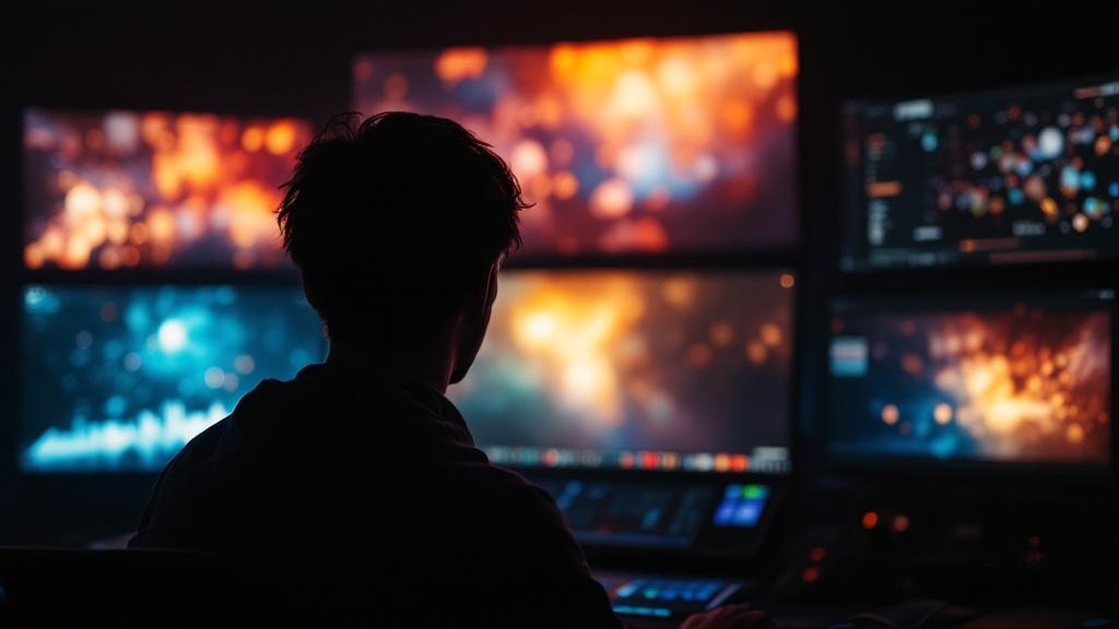 Silhouette of video editor working with multiple monitors in a dark post-production studio