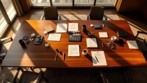 Overhead view of contract documents and film production materials on a conference table in a Tokyo high-rise office