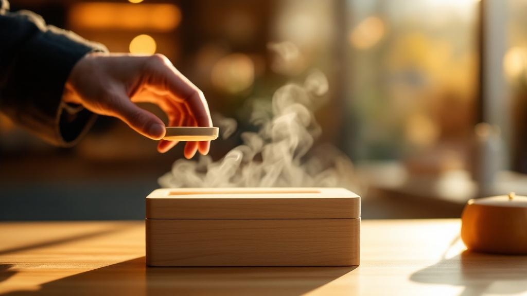 A hand opens a wooden hinoki box releasing a subtle vapor trail in a warmly lit Japanese retail setting