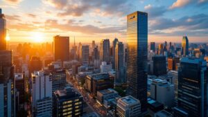 Aerial view of Tokyo Marunouchi business district skyscrapers reflecting golden sunset light