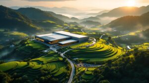 Aerial view of Japanese rice terraces alongside a modern food logistics facility at golden hour