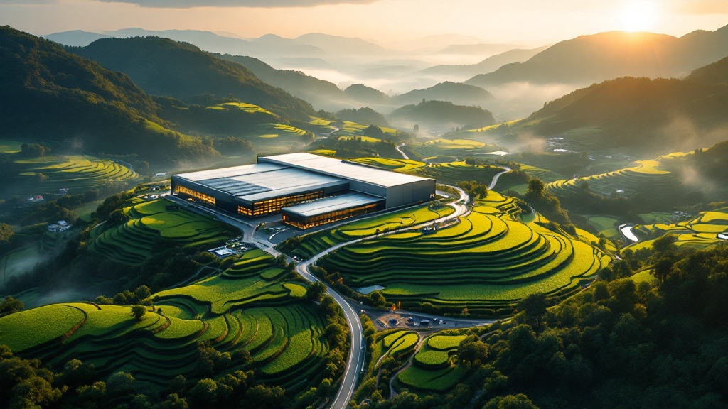 Aerial view of Japanese rice terraces alongside a modern food logistics facility at golden hour