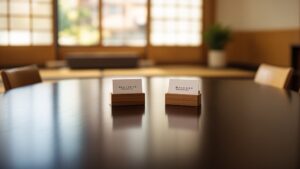 Traditional Japanese conference room with business card holders on a lacquered table, soft light through shoji screens