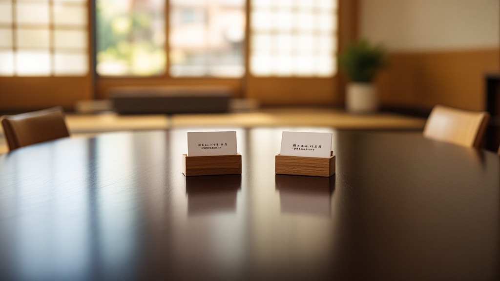 Traditional Japanese conference room with business card holders on a lacquered table, soft light through shoji screens