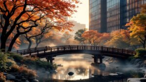 Japanese wooden bridge connecting modern Tokyo office buildings at dawn with morning mist