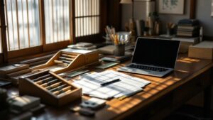 Traditional Japanese office desk showing analog tools alongside modern digital devices in warm afternoon light