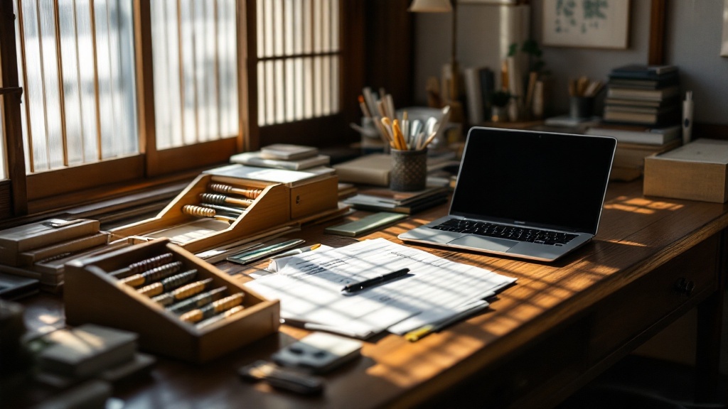 Traditional Japanese office desk showing analog tools alongside modern digital devices in warm afternoon light