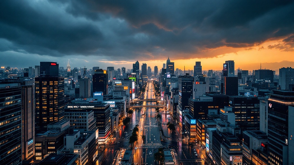Aerial view of Tokyo business district at dawn with storm clouds and wet streets
