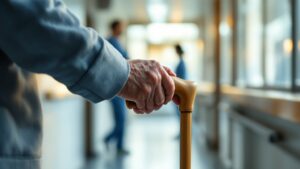 Elderly hands on a walking cane in a sunlit Japanese hospital corridor