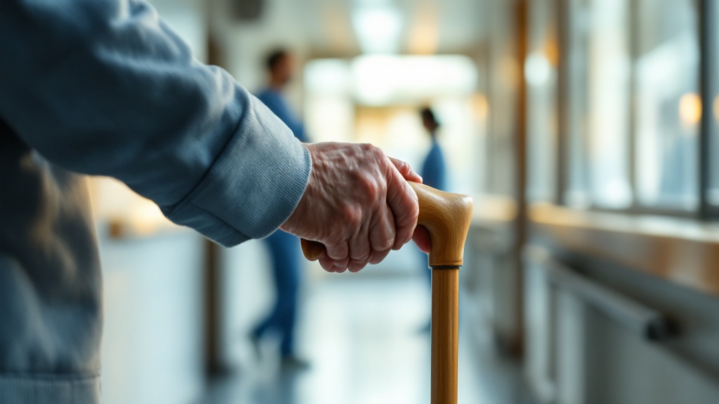 Elderly hands on a walking cane in a sunlit Japanese hospital corridor