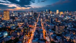 Aerial twilight view of Tokyo mixing modern office towers with traditional neighborhoods