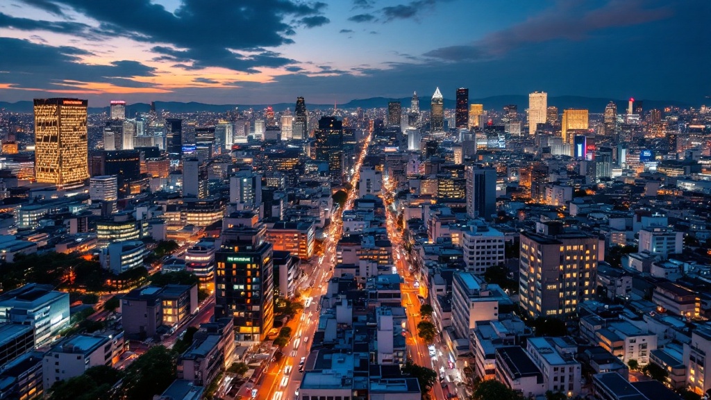 Aerial twilight view of Tokyo mixing modern office towers with traditional neighborhoods