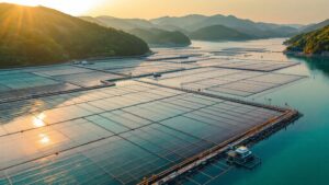 Aerial view of a modern Japanese coastal aquaculture facility with net pens and sensor buoys at golden hour