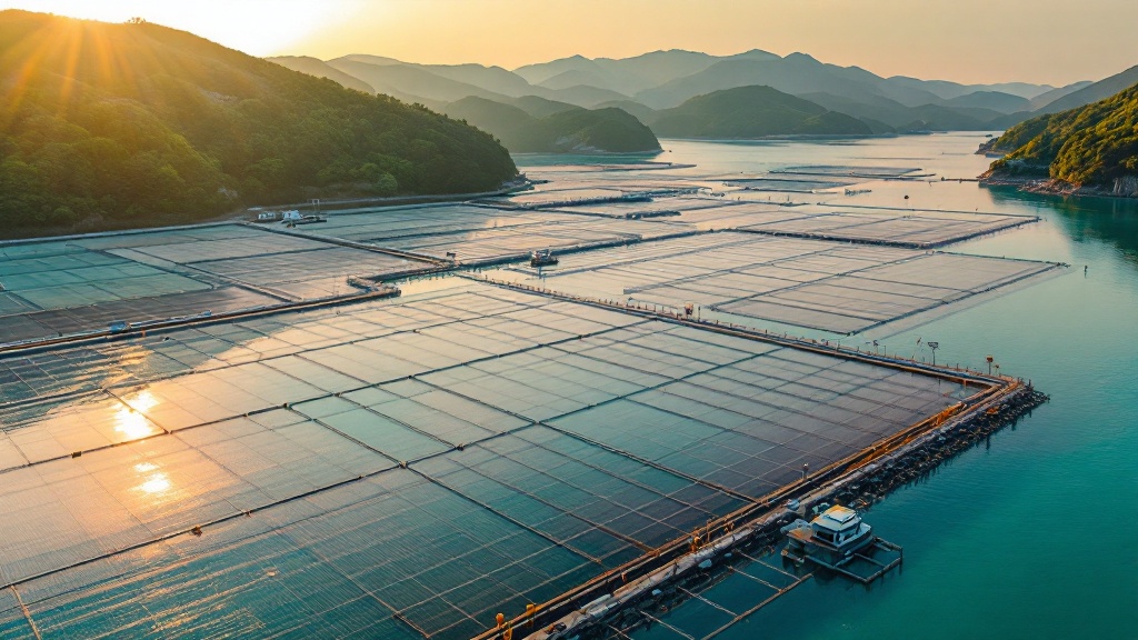 Aerial view of a modern Japanese coastal aquaculture facility with net pens and sensor buoys at golden hour