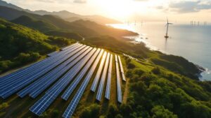 Solar panels on a Japanese coastal hillside with offshore wind turbines in the distance