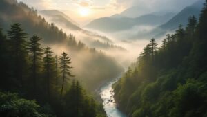 Misty morning light over a forested mountain valley with a winding river in rural Japan