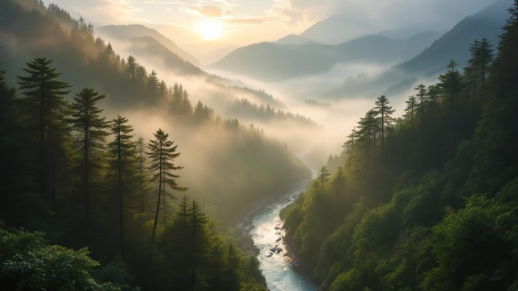 Misty morning light over a forested mountain valley with a winding river in rural Japan